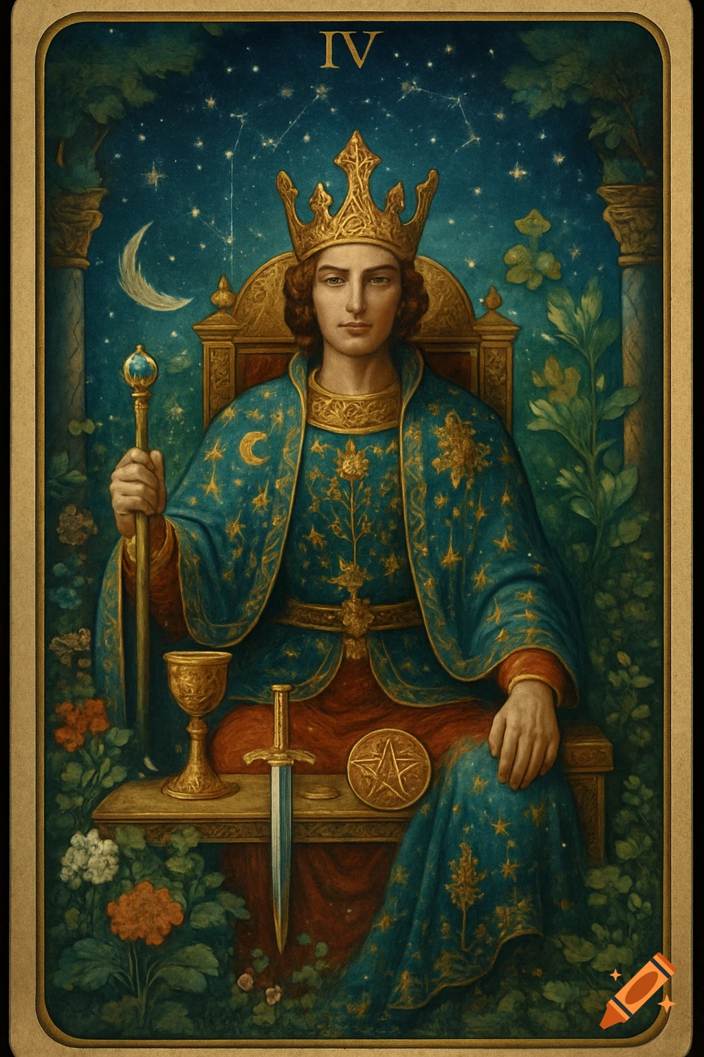 A richly illustrated tarot card featuring a crowned king in blue and gold robes, seated on a throne under a starry night sky.