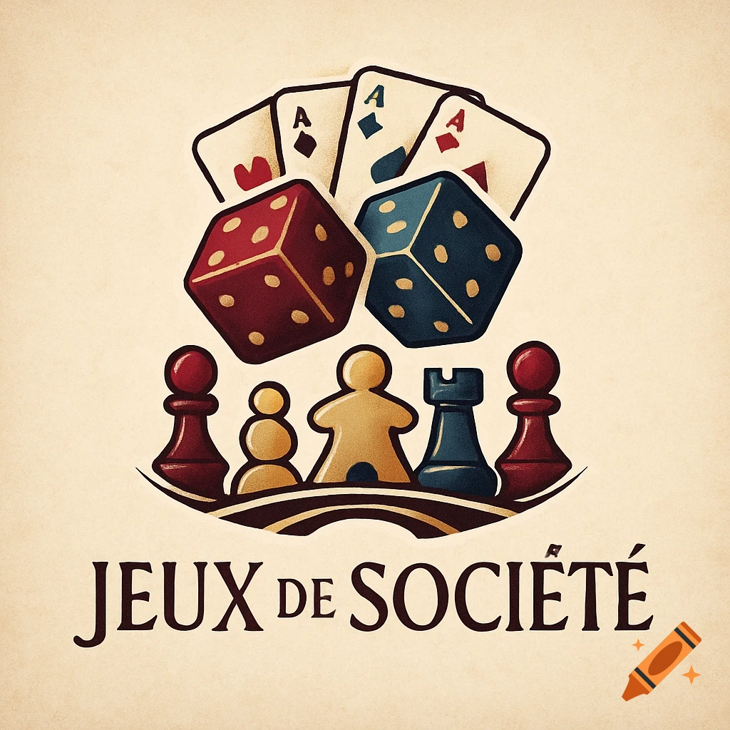 A stylized logo with red and blue dice, playing cards, and various board game pieces (pawns, meeple, rook) above text that reads "JEUX DE SOCI\u00c9T\u00c9" on a cream background.