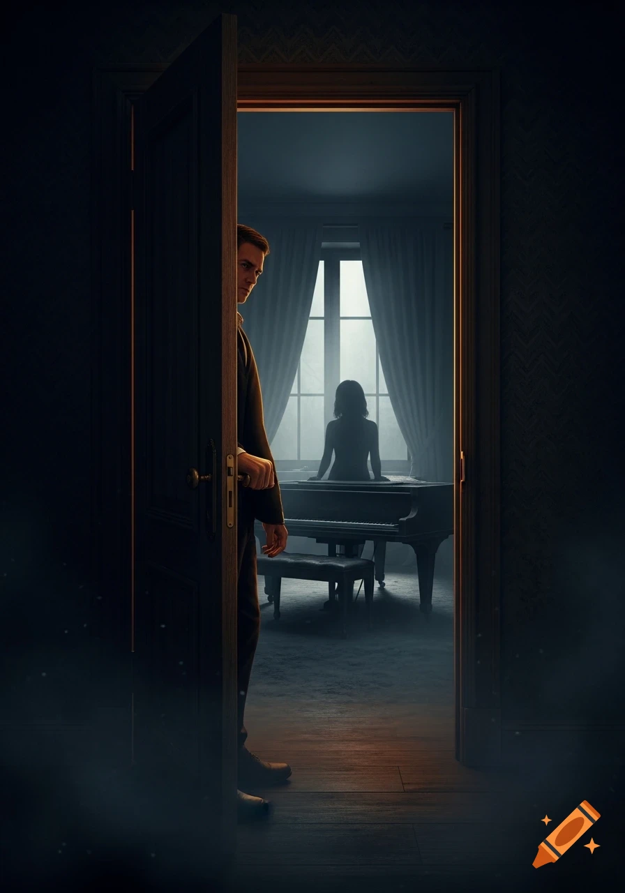 A man peeks through a half-open door into a gloomy room with a piano and a female silhouette. Cinematic style.