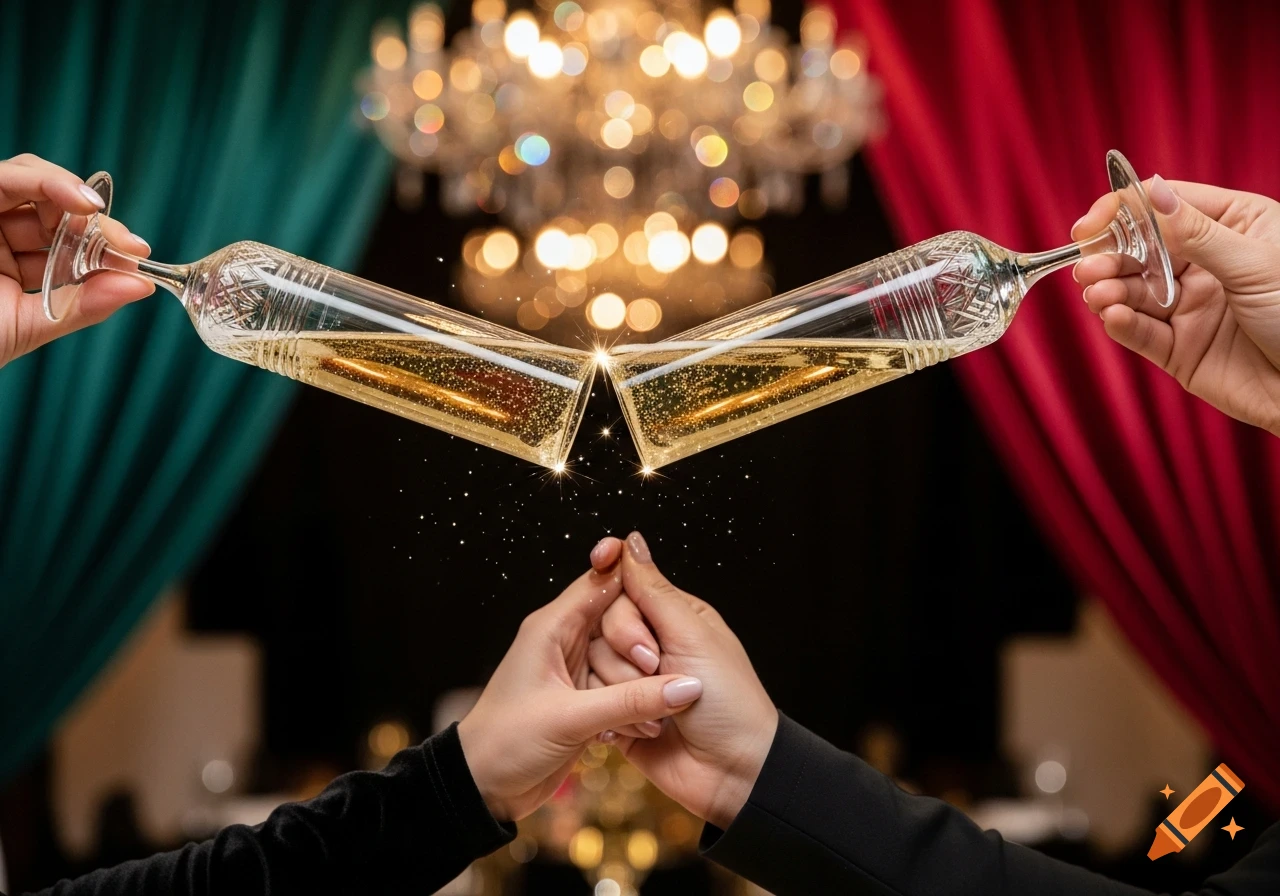 Two hands clinking ornate champagne flutes with sparkling liquid, against a blurred background with a chandelier.