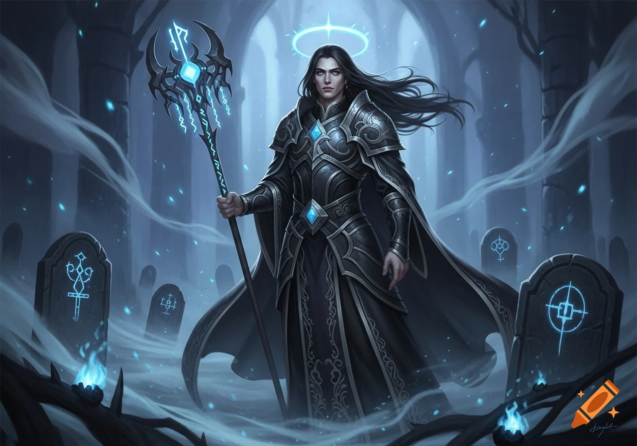 A dark fantasy artwork of a pale male cleric with long black hair, blue halo, and glowing staff in a misty graveyard with glowing runic tombstones.