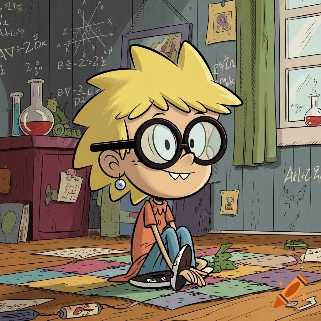 Lisa Loud, a cartoon character with blonde hair and round glasses, sits on a colorful rug in a messy room filled with scientific diagrams and beakers.