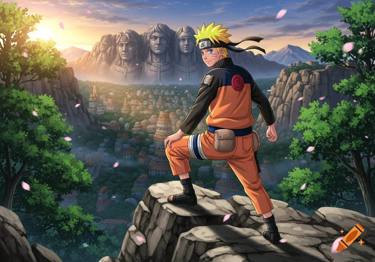 Naruto standing on a cliff overlooking the Hidden Leaf Village with Hokage faces carved into a mountain at sunset, anime style.