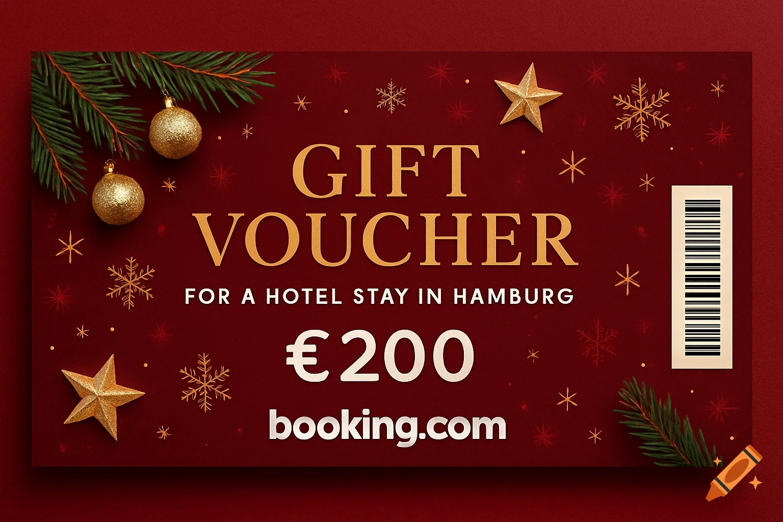 A festive red Christmas gift voucher for a 200 euro hotel stay in Hamburg, redeemable on booking.com, with holiday decorations.