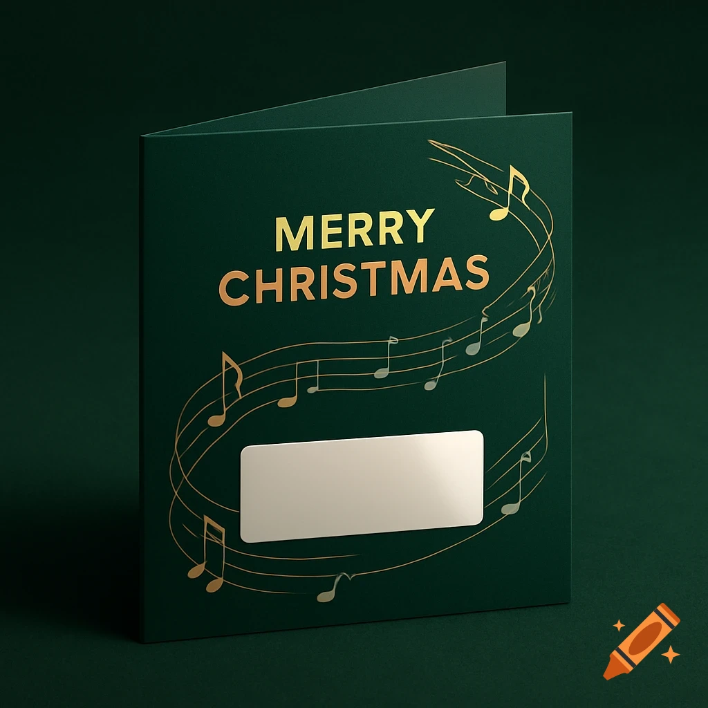 A dark green, folded Christmas card with gold 'MERRY CHRISTMAS' text, musical notes, and a blank white space for a code.