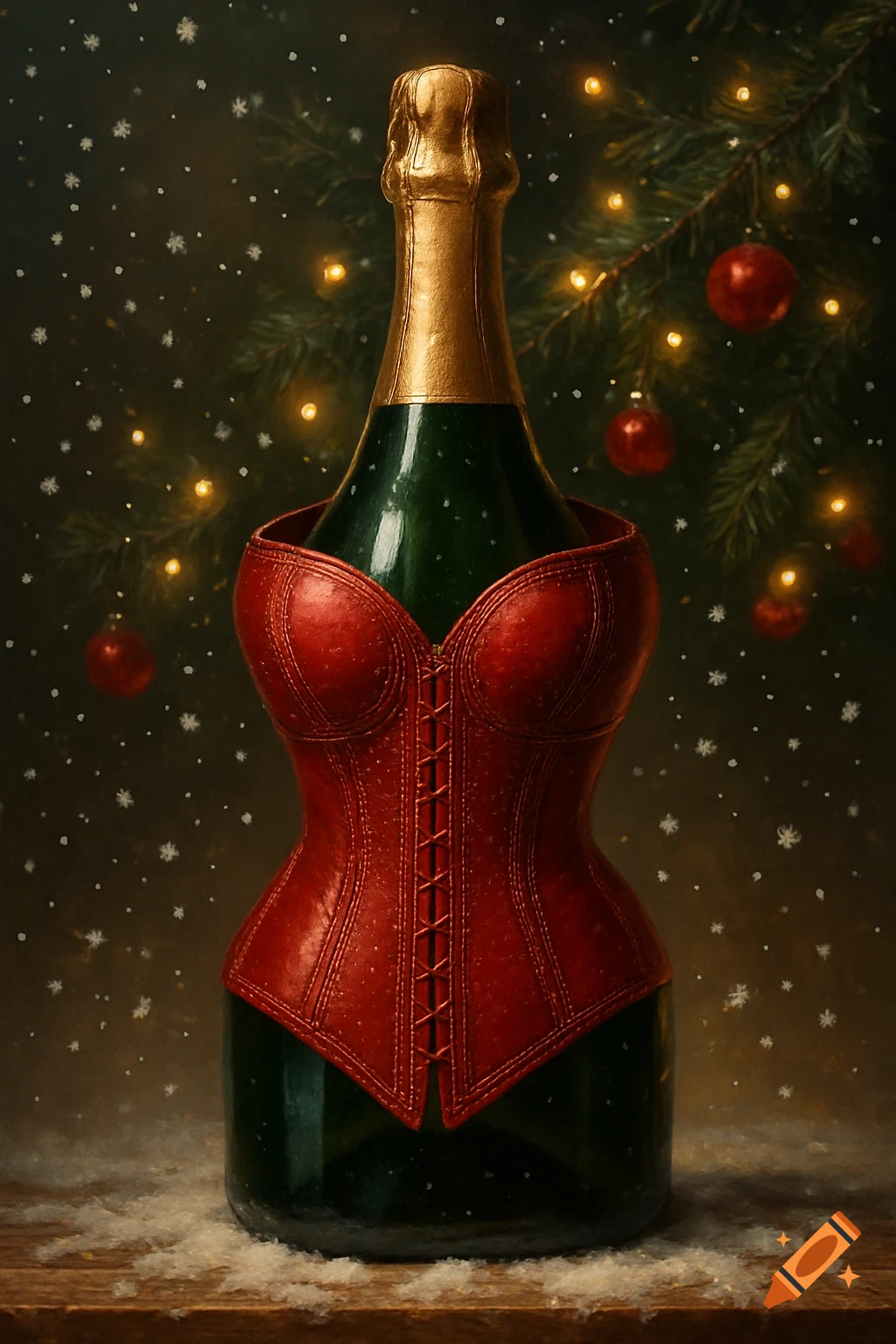 A champagne bottle in a red leather corset stands on a snowy surface against a blurry Christmas tree background.