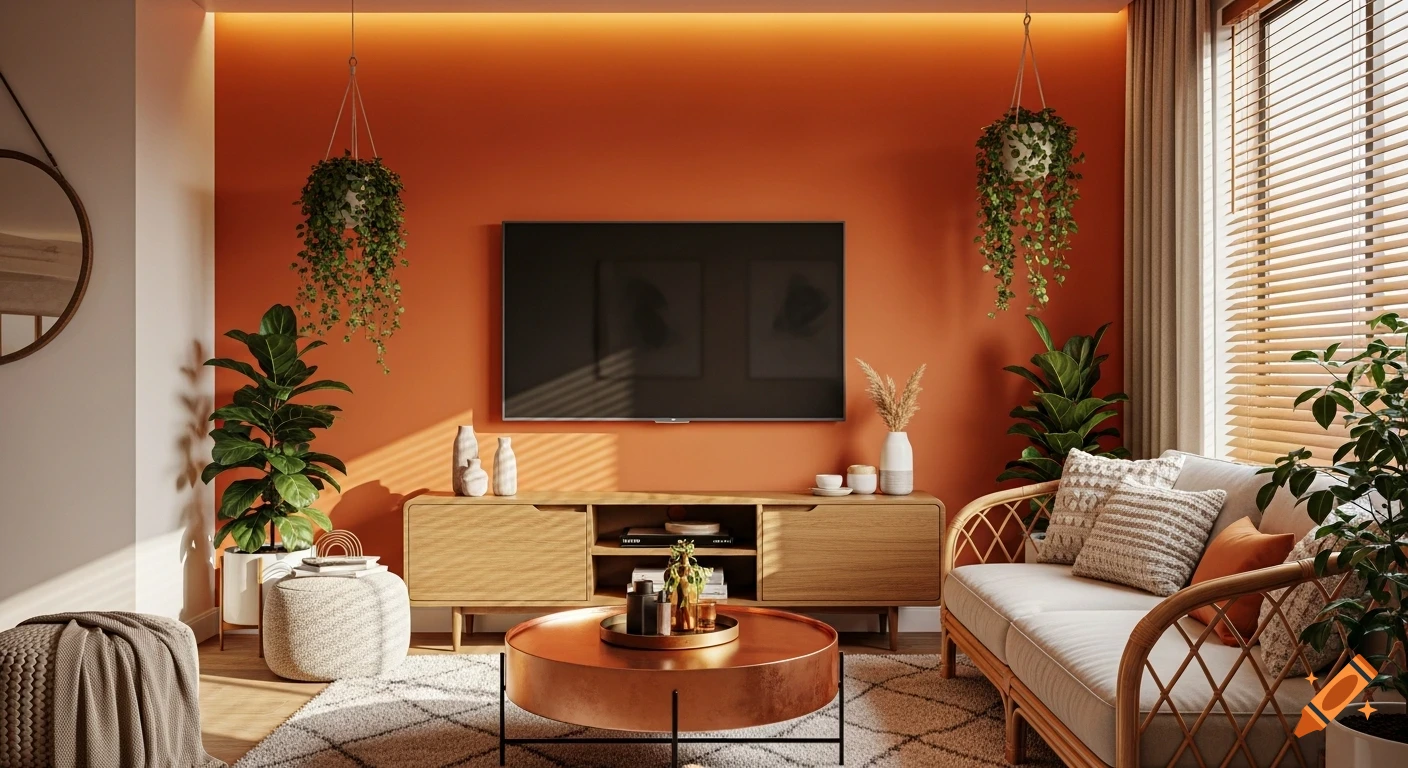 A stylish living room with a burnt orange accent wall, rattan couch, green plants, copper coffee table, and a wood TV console.