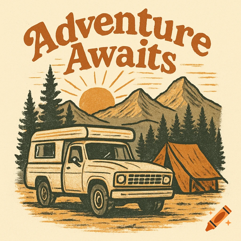 Retro illustration of a camper truck and tent in front of mountains with a sun, with the text 'Adventure Awaits'.