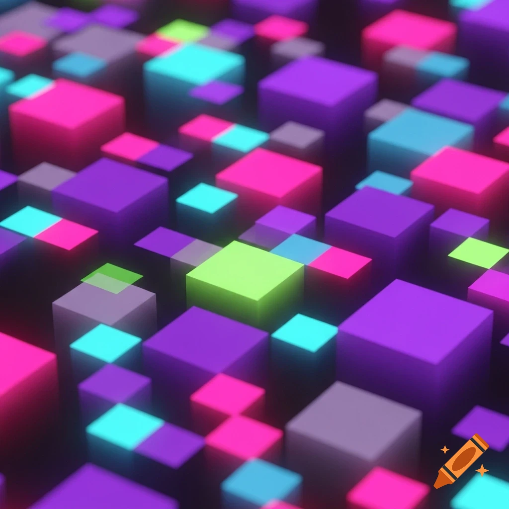 A vibrant abstract pattern of 3D cubes in shades of purple, pink, blue, and green on a dark background, with a shallow depth of field.