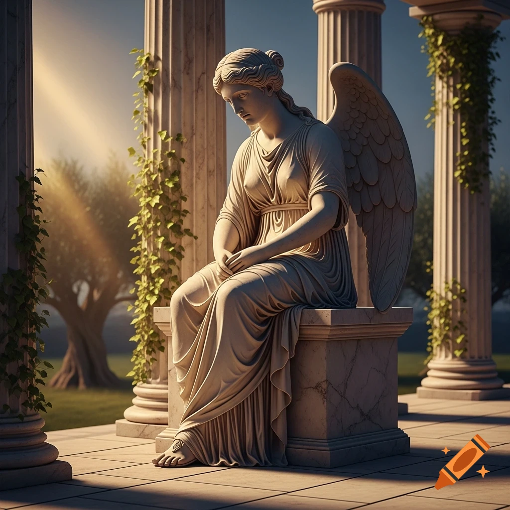 A marble statue of a sad female angel in a draped gown, sitting on a plinth surrounded by classical columns and ivy, with a sunlit background.