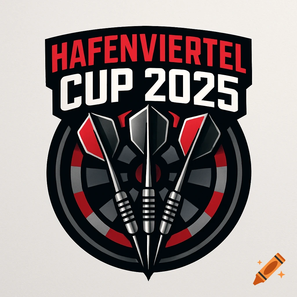 A logo for the Hafenviertel Cup 2025 darts tournament, featuring a dartboard and three darts.