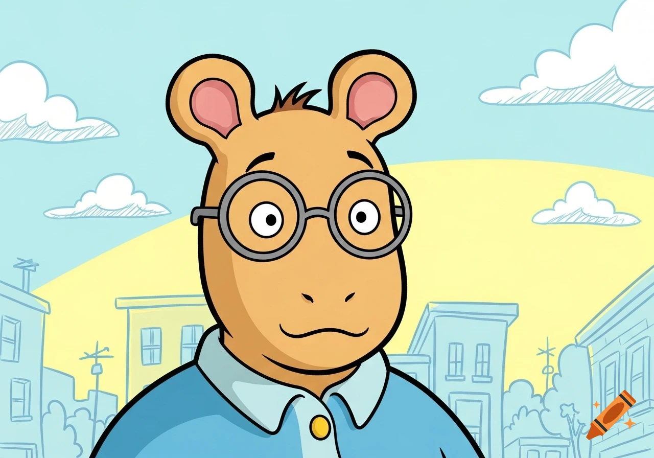 A cartoon character resembling Arthur from PBS Kids, an aardvark with glasses, wearing a light blue shirt, against a cartoon city background with a blue sky.