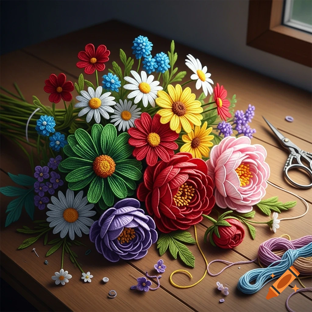 A vibrant bouquet of red, yellow, pink, purple, and white needlecraft flowers on a wooden table with yarn and scissors.