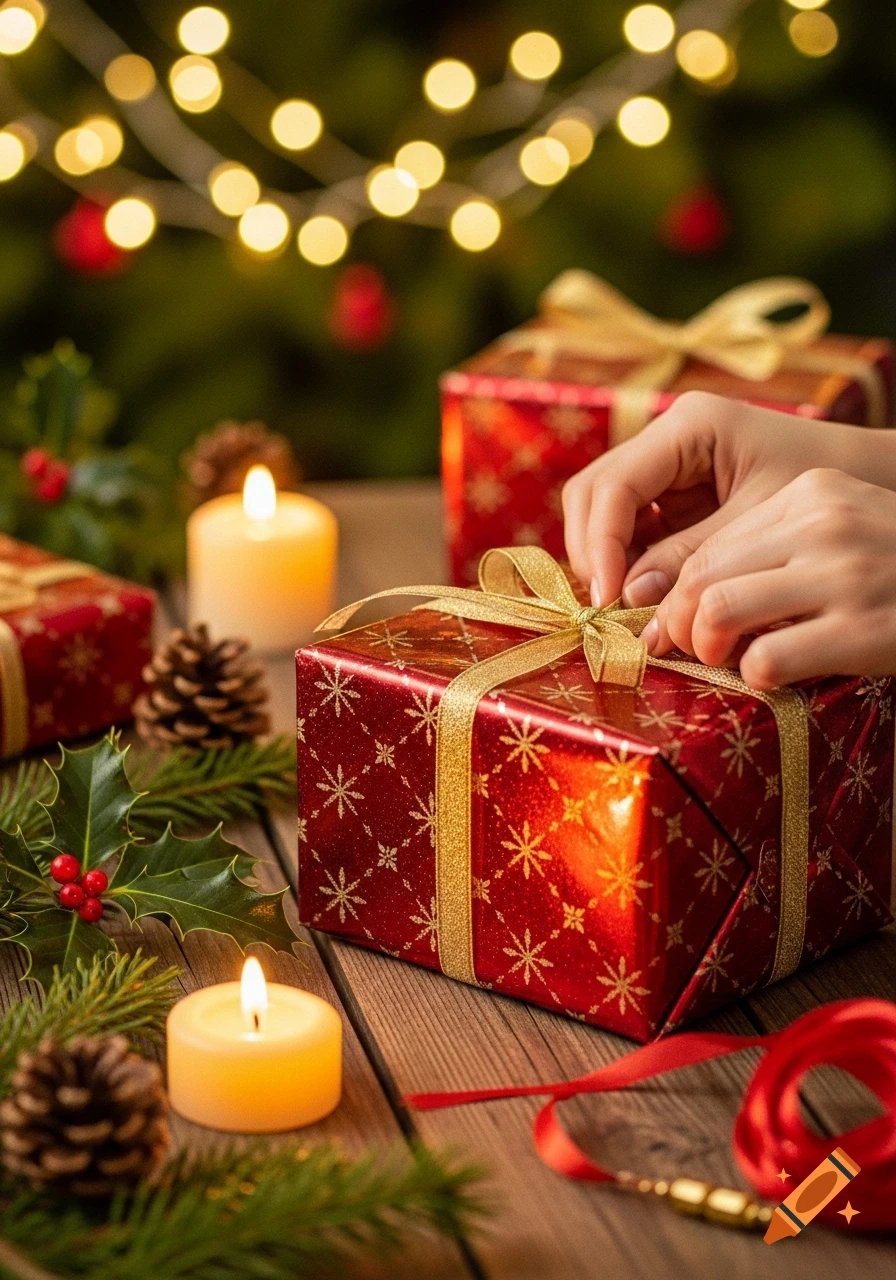 Hands carefully tie a golden ribbon around a red Christmas gift box, surrounded by festive candles, holly, and pinecones.