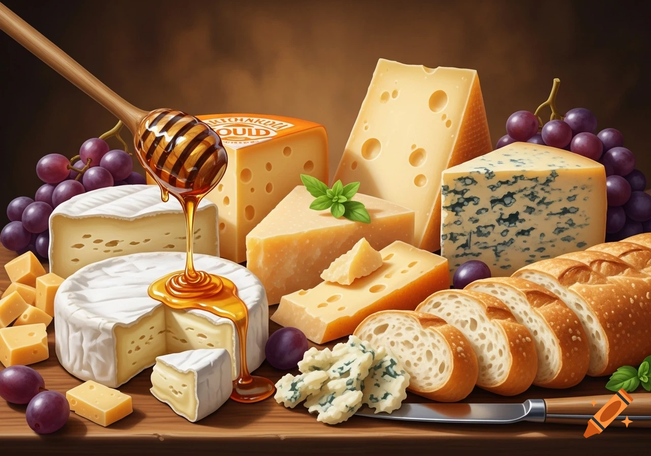 A photorealistic still life featuring various cheeses, purple grapes, sliced bread, and honey dripping from a dipper onto a round cheese.