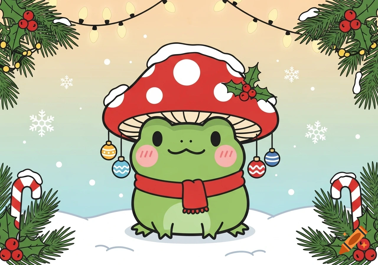 A cute kawaii frog wears a red mushroom hat and scarf, with ornaments hanging from the hat. Surrounded by snow, pine branches, holly, candy canes, and fairy lights, in a cozy winter cartoon style.