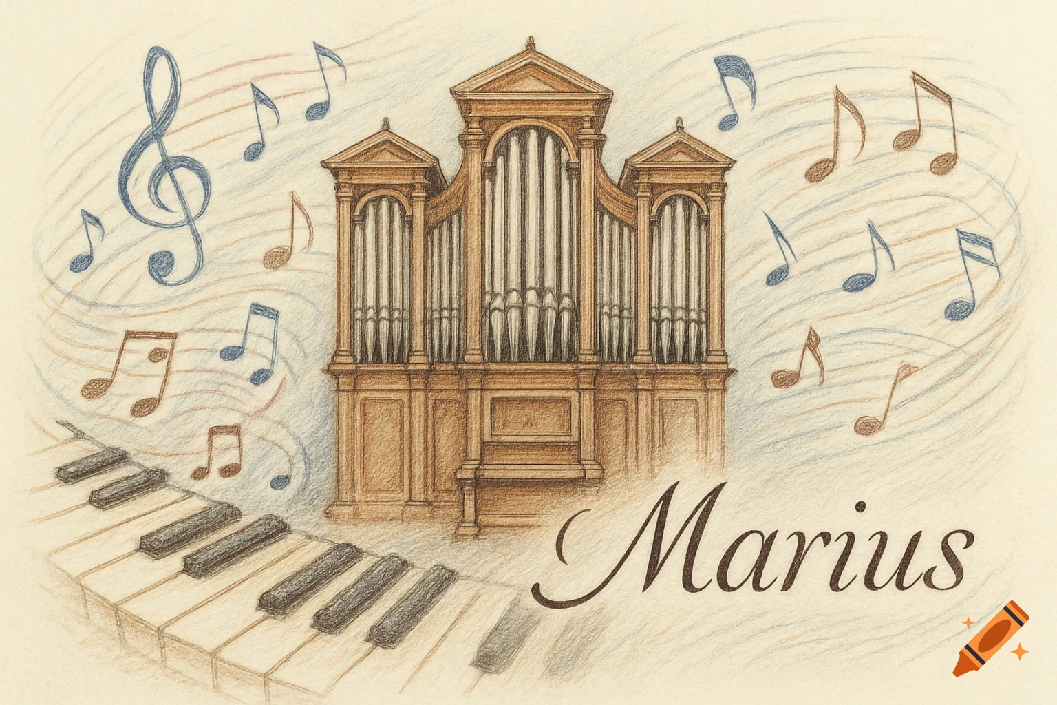 A colored pencil drawing of a grand pipe organ with piano keys, musical notes, a treble clef, and the name Marius.