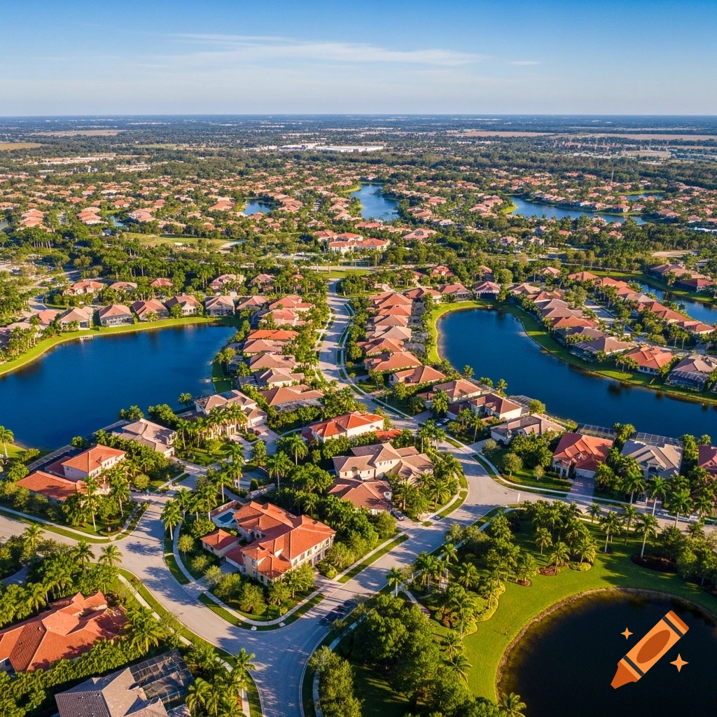 Aerial view of a sprawling residential community with red-roofed houses, winding roads, interconnected blue lakes, and abundant green trees under a clear sky.