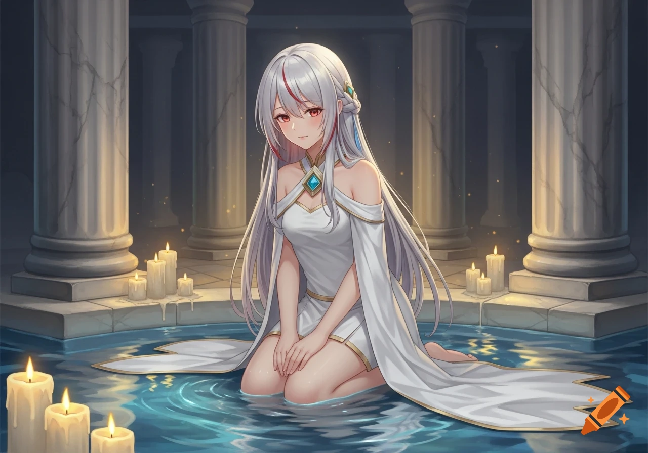 Anime art of a serene woman with long white hair in a white gown, kneeling in a shallow temple pool with candles and marble columns.