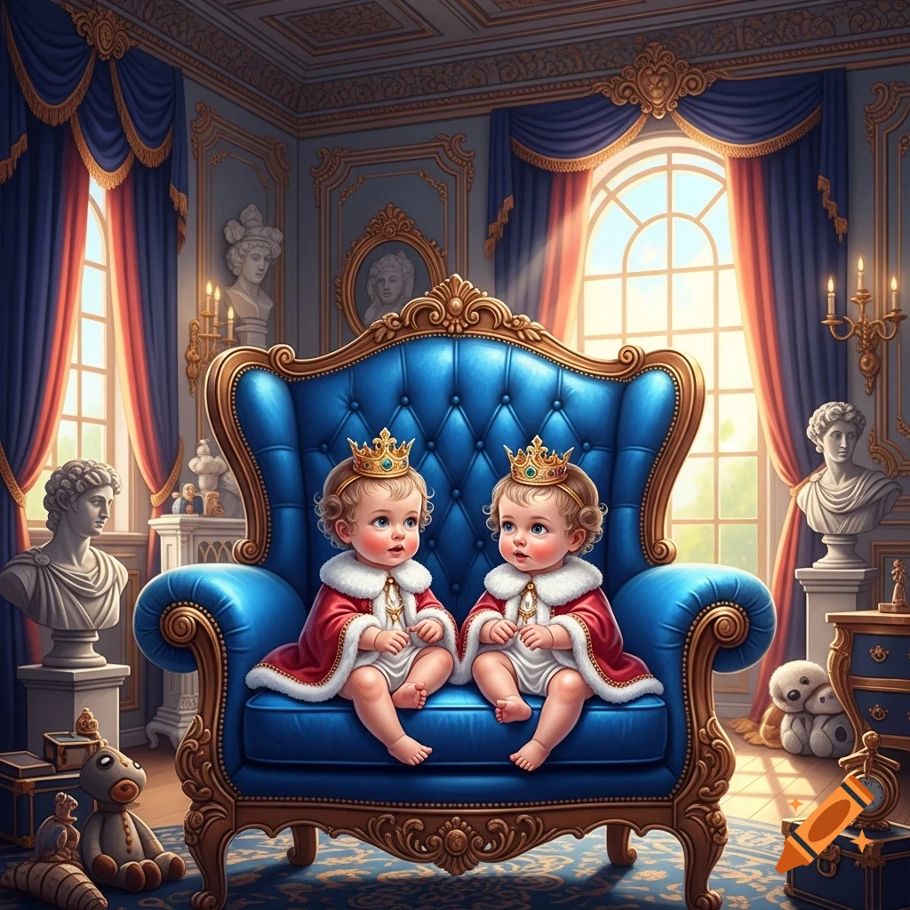 Two royal babies, wearing golden crowns and red fur-trimmed cloaks, sit on a large blue velvet armchair in an ornate, opulent room.