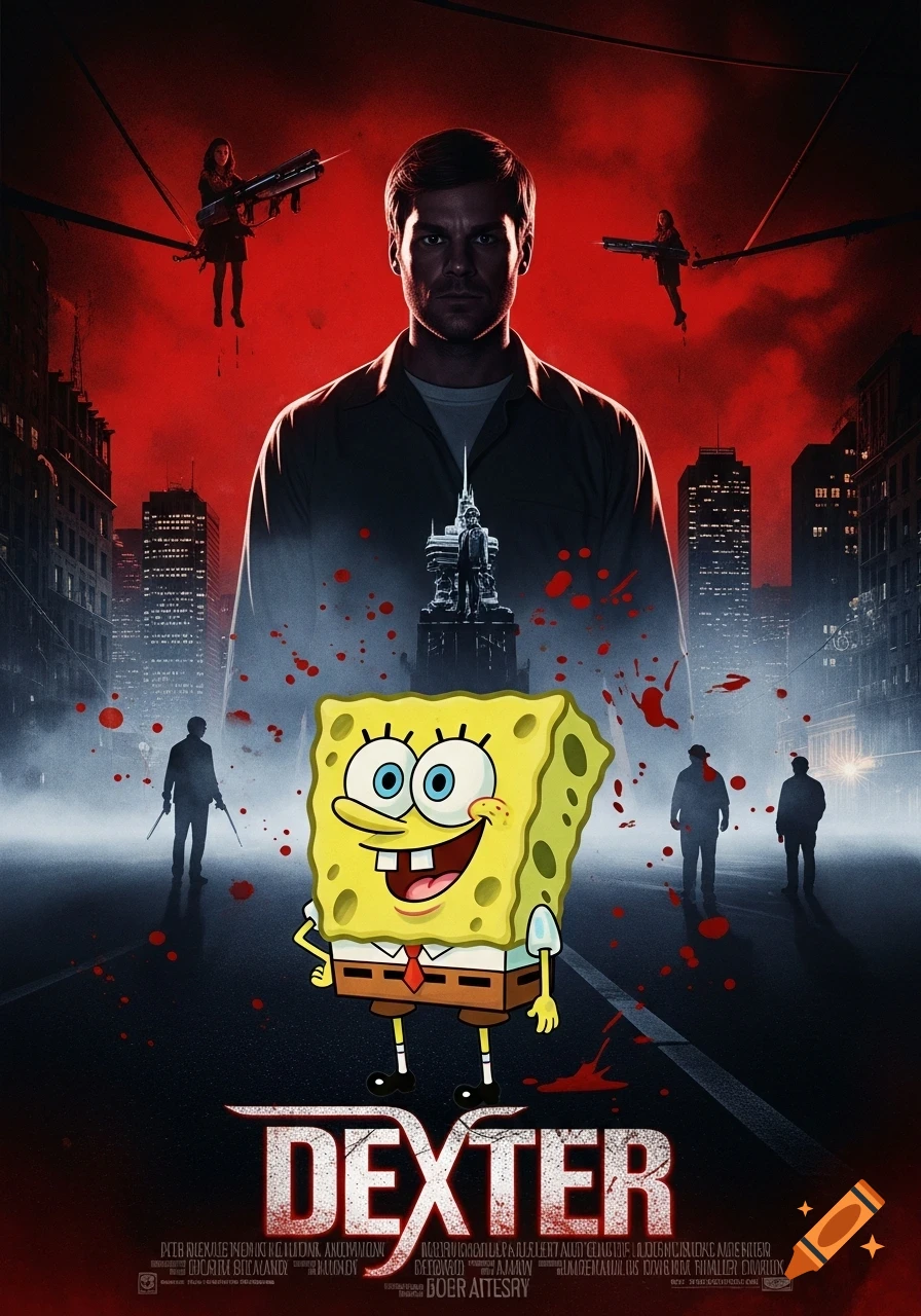 A dark movie poster featuring Dexter Morgan and SpongeBob SquarePants. Dexter is large and central, with blood splatters and cityscapes in the background. SpongeBob is smiling in the foreground. The title "DEXTER" is at the bottom.