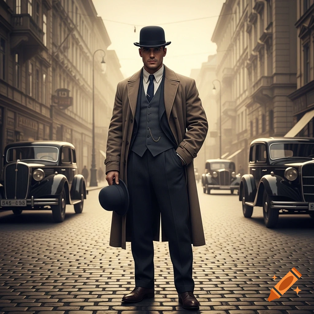 A man in a brown trench coat and bowler hat stands on a cobblestone street with vintage cars and old buildings in a photorealistic style.