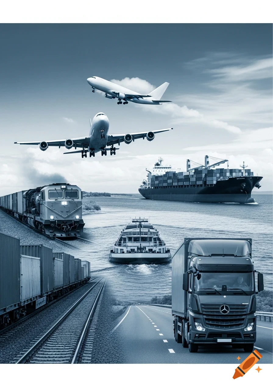 Photorealistic image in blue tones showing various modes of transport: a cargo plane, freight train, container ship, barge, and truck.