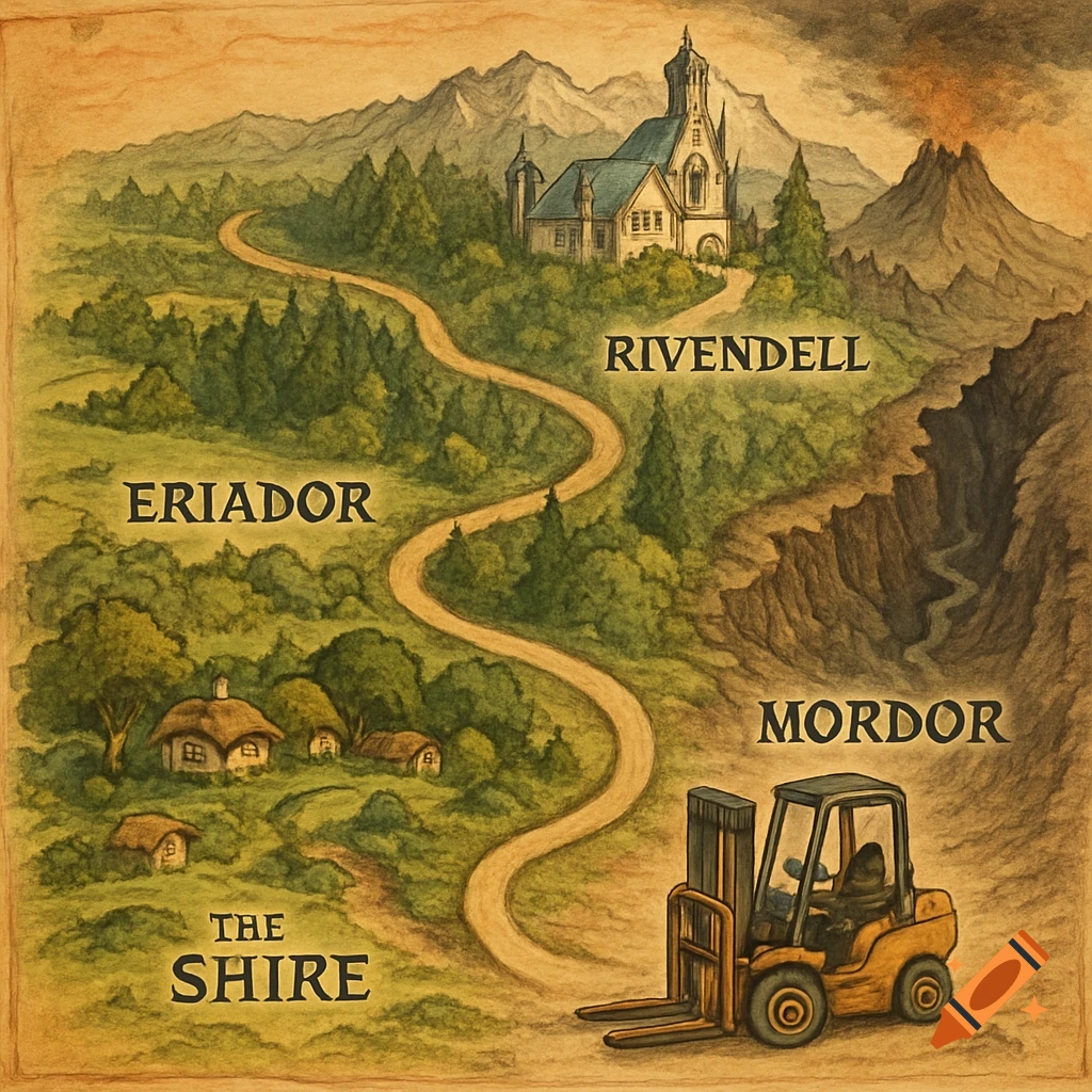 A stylized map of Middle-earth with labels for The Shire, Eriador, Rivendell, and Mordor, featuring a yellow forklift on a winding road leading through the regions, towards a smoking volcano.