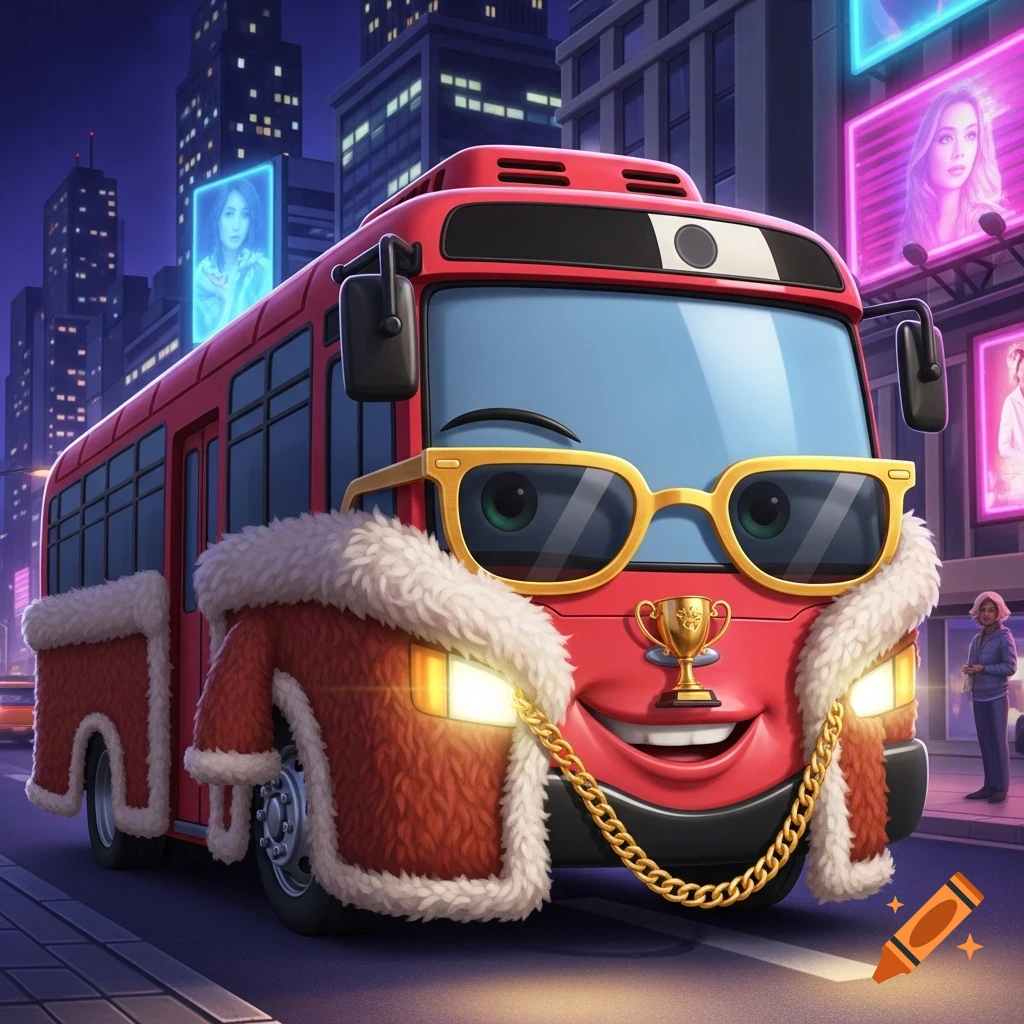 A cocky red cartoon bus wearing gold sunglasses, a fur coat, a gold chain, and a trophy, drives through a neon city street at night.