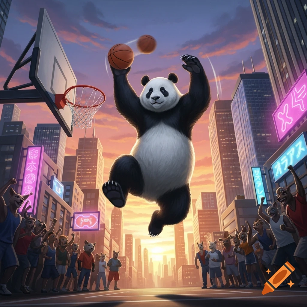 Giant anthropomorphic panda dunks a basketball in a futuristic cityscape, cheered on by a crowd of anthropomorphic animals, digital art.