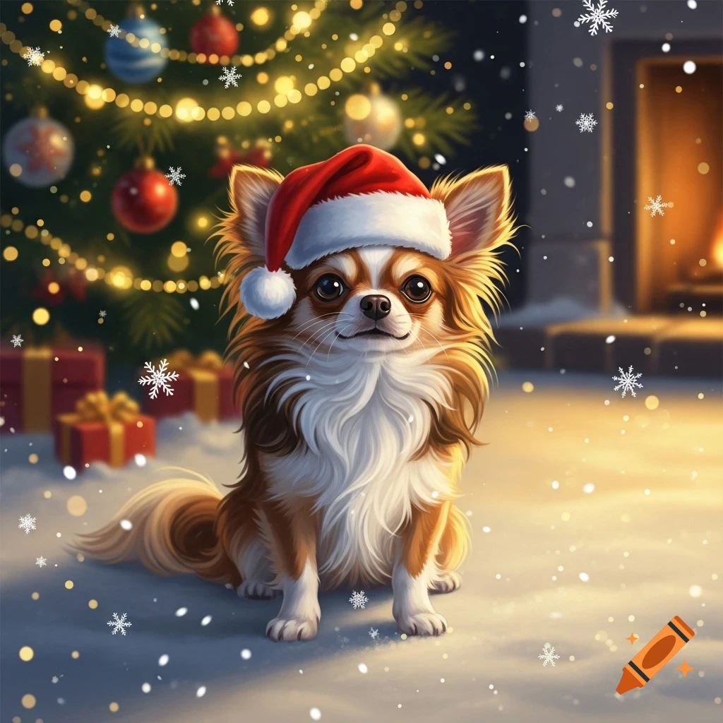 A cute long-haired Chihuahua in a Santa hat sits in a snowy Christmas scene with a decorated tree and fireplace.