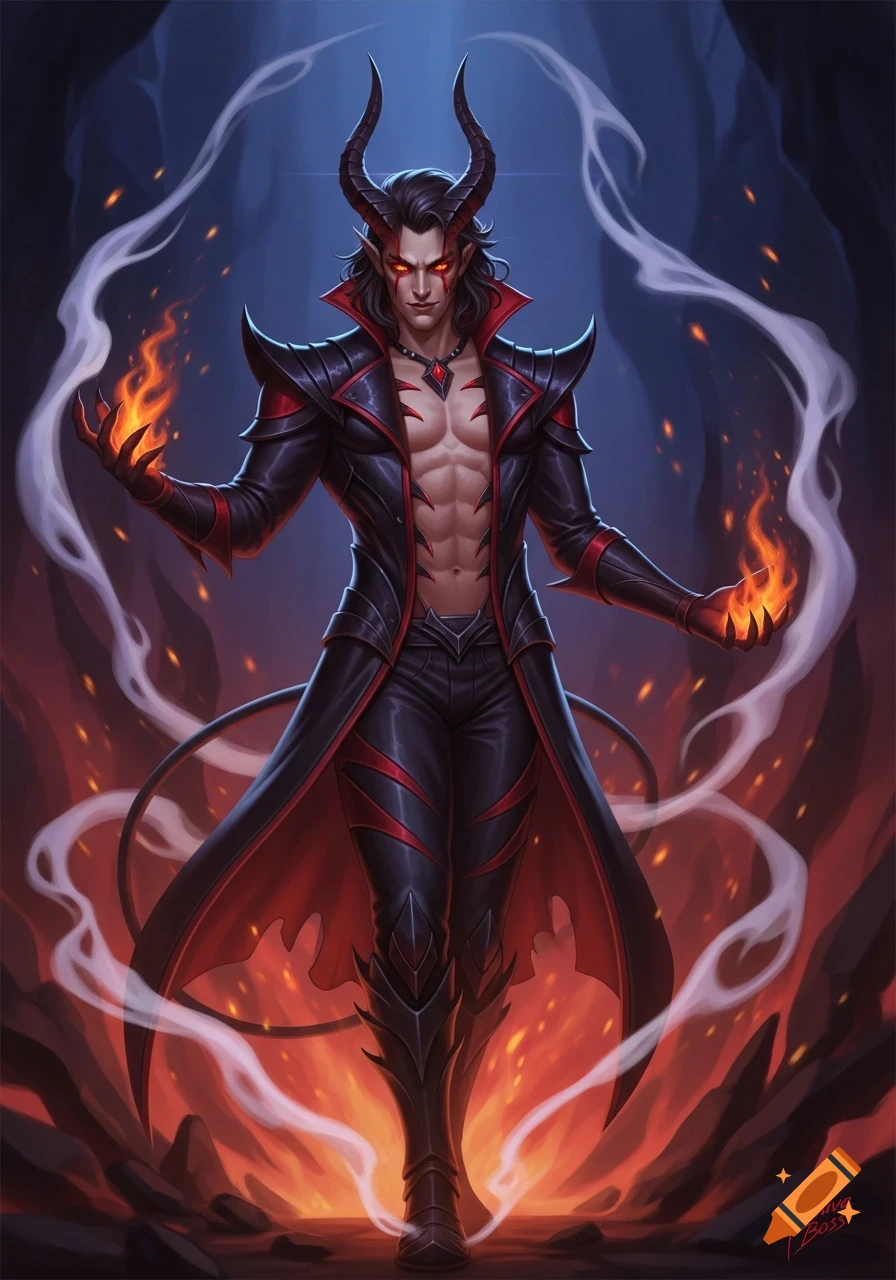 A powerful male demon with horns, long black hair, glowing red eyes, a bare muscular chest, and a black and red coat, stands engulfed in flames and smoke in a dark cavern, holding fire in his hands.