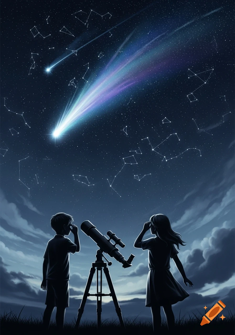 Silhouettes of a boy and girl looking up at a bright comet and a starry night sky through a telescope.