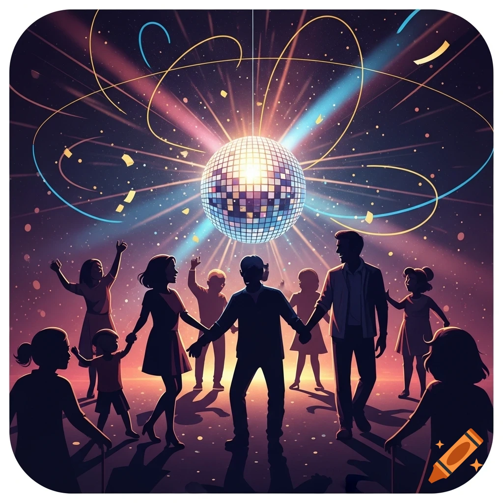 An illustration of silhouetted people dancing under a glowing disco ball at a vibrant, intergenerational disco party.