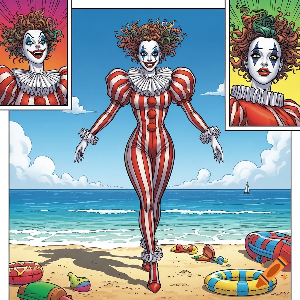 A smiling, red and white striped clown villainess with curly hair walks on a sunny beach in comic book art style.