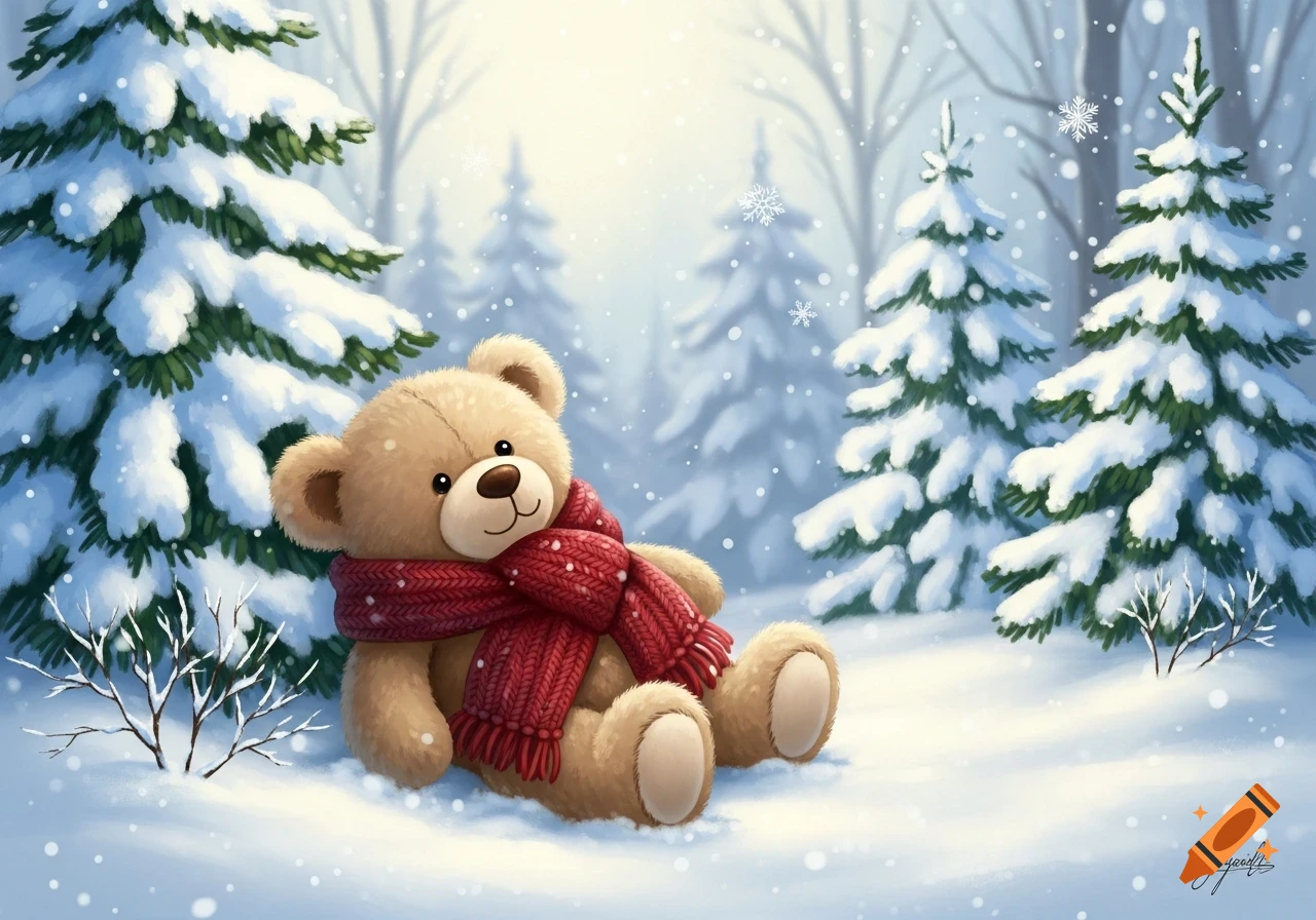 Cute teddy bear wearing a red scarf, sitting in a snowy winter forest with pine trees and falling snowflakes. Illustrated style.