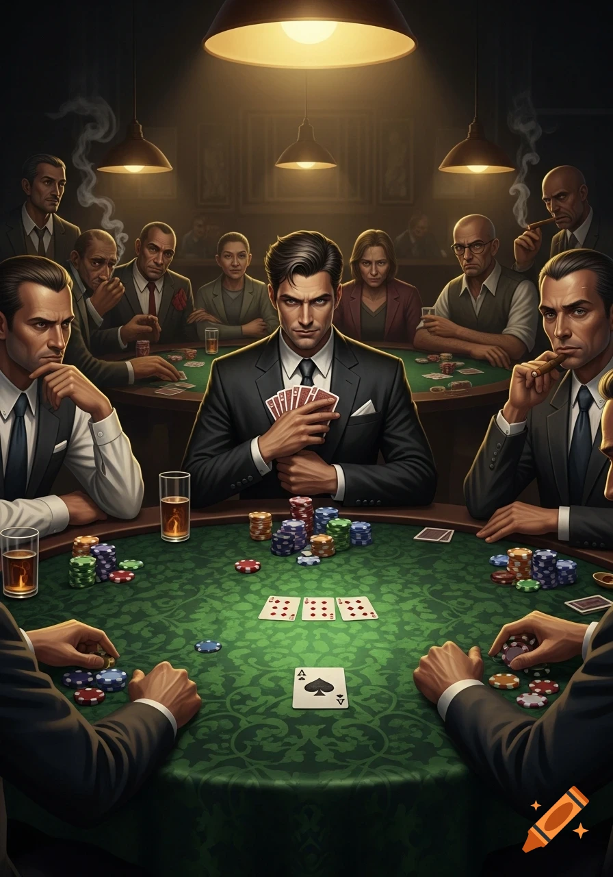 A group of serious-looking men in suits playing poker around a green table under dim, atmospheric lighting.