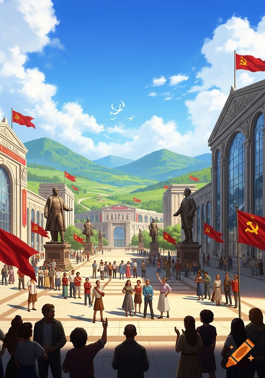 An illustration of a plaza with large statues and people gathered, adorned with red flags bearing the hammer and sickle symbol, under a bright blue sky.