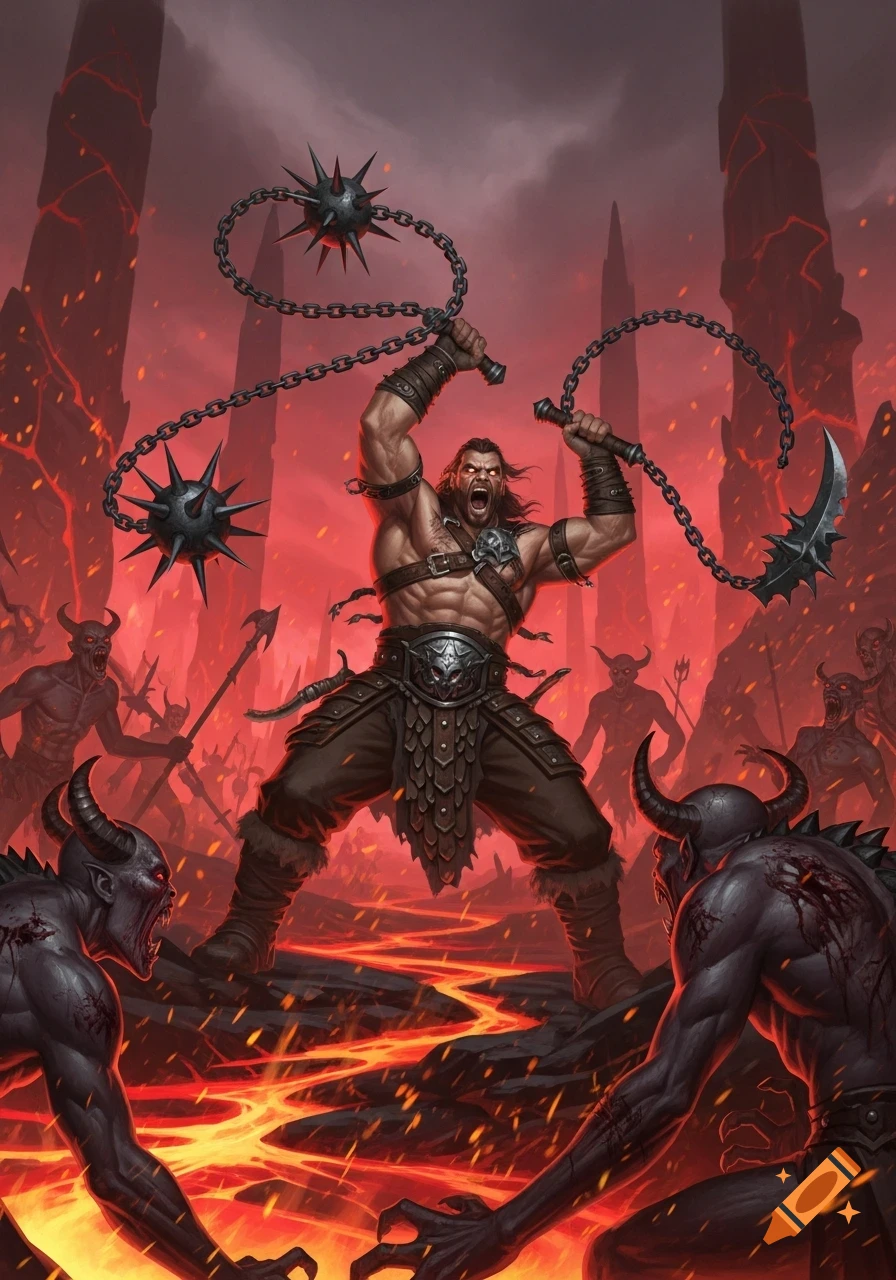A muscular barbarian with spiked flails battles demons in a fiery, hellish landscape, in a digital painting style.