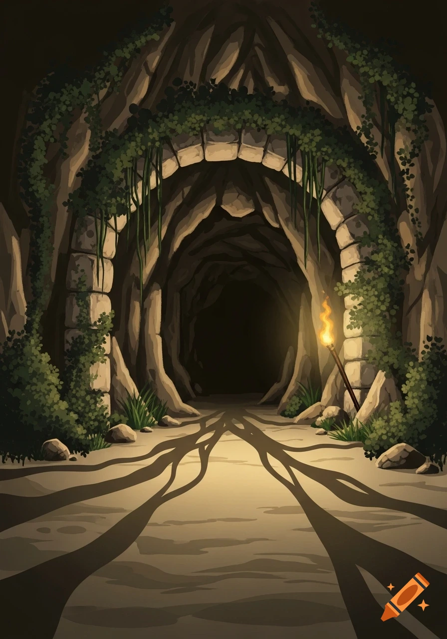 Anime art of a dimly lit cave entrance with an arched stone opening covered in vines and a burning torch nearby.
