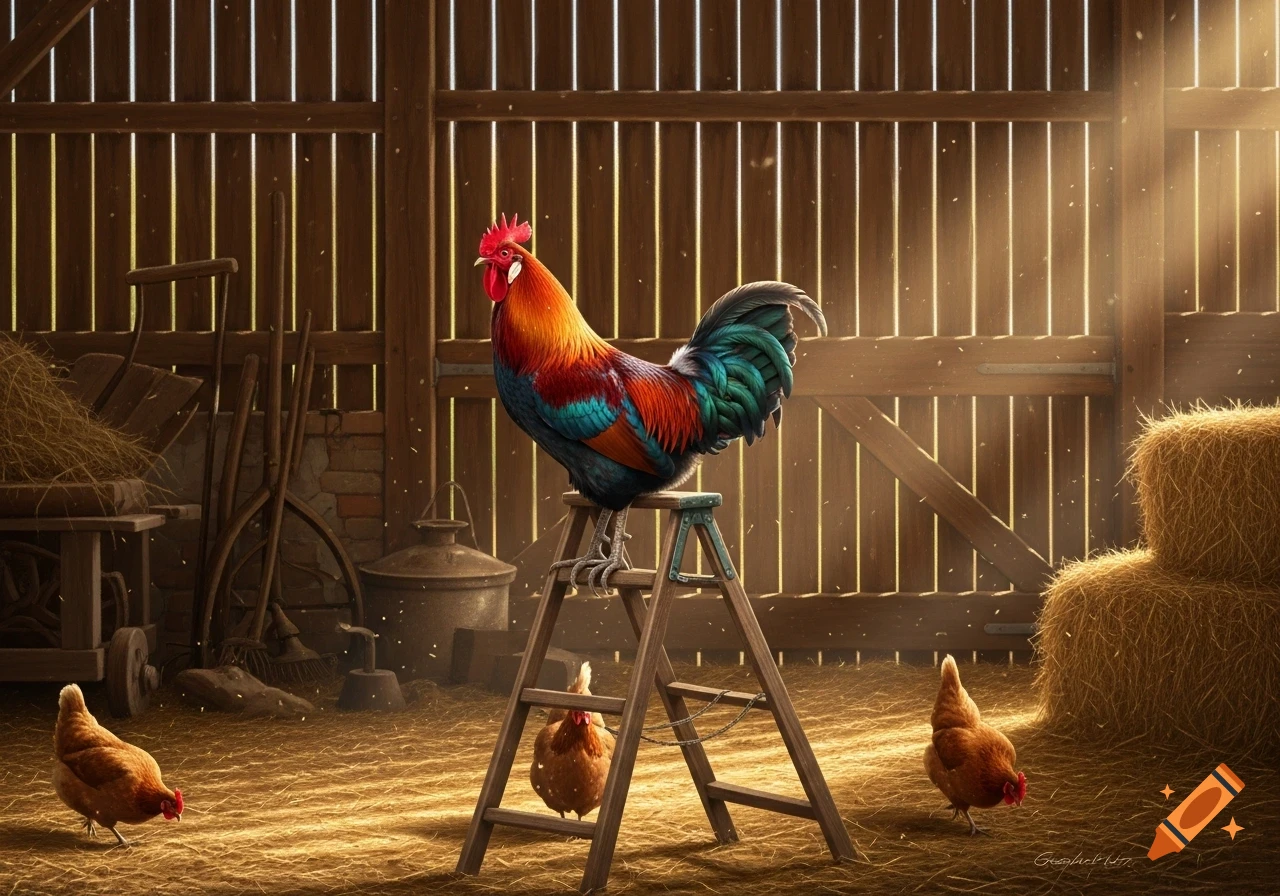 A colorful rooster stands on a wooden ladder in a sunlit barn with hens on the straw-covered ground and hay bales.