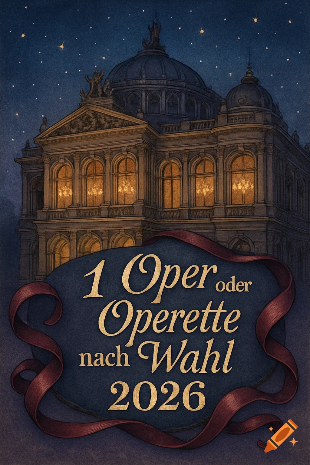 An ornate opera house at night under a starry sky, with a dark blue banner in the foreground displaying the gold text '1 Oper oder Operette nach Wahl 2026' framed by a red ribbon, in an illustrative style.
