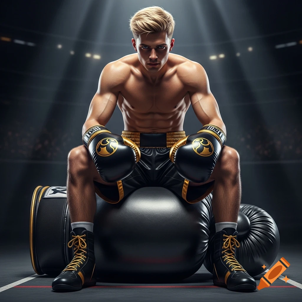 Muscular blonde male boxer in black and gold gear sits on a giant boxing glove in a dramatically lit arena.