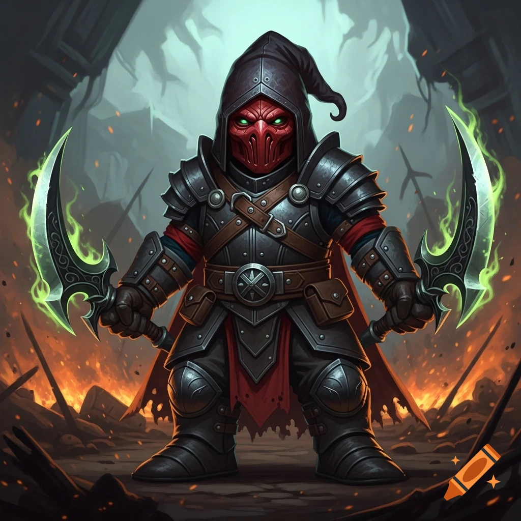 A stout gnome in dark armor, crimson mask, and glowing green eyes holds two glowing green warglaives in a fiery, ruined landscape.
