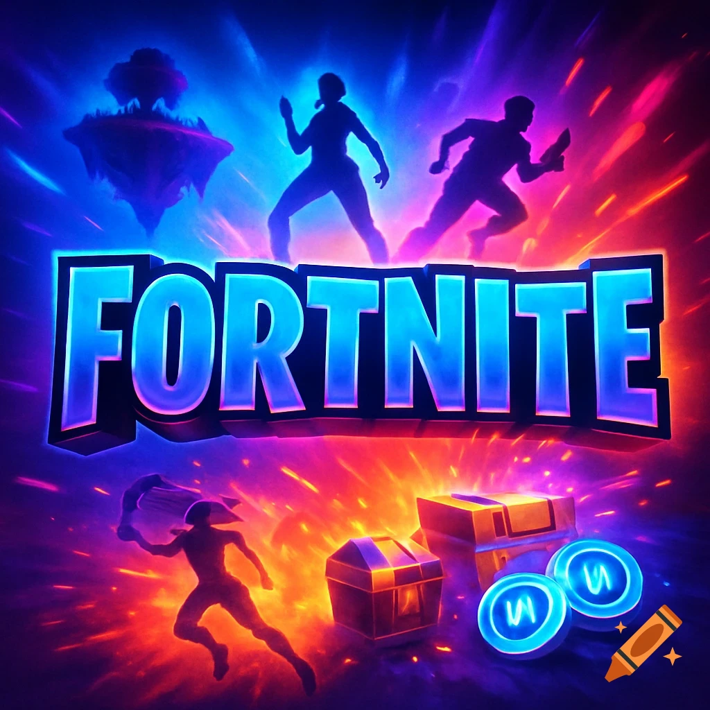 Vibrant Fortnite logo with blue and pink text, silhouetted characters, floating island, treasure chests, and coins on an explosive background.