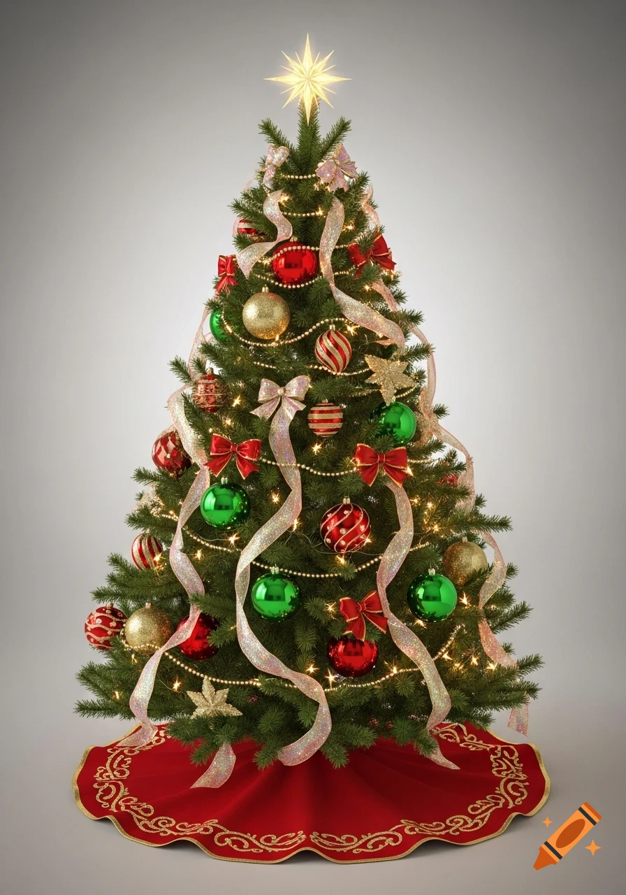 A beautifully decorated Christmas tree with red, gold, and green ornaments, sparkling ribbons, and a star on top.