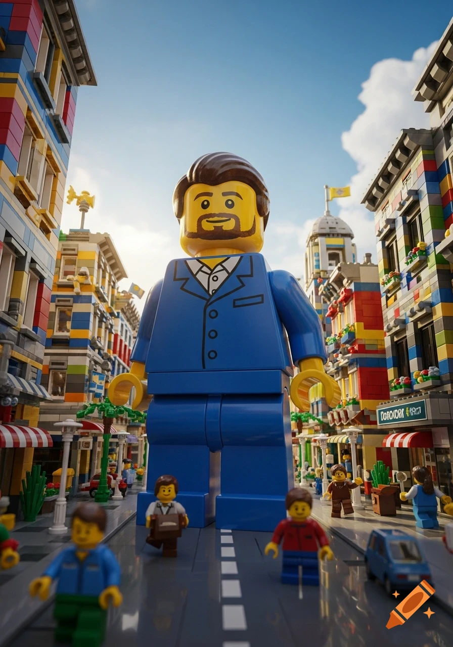 A giant Lego man in a blue suit and goatee stands on a street in a vibrant Lego city among smaller Lego people and buildings.
