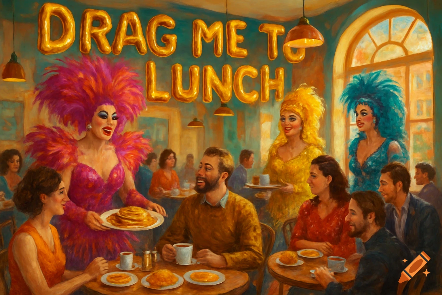 A vibrant painting of three drag queens serving breakfast in a bustling cafe, with golden balloon letters spelling 'DRAG ME TO LUNCH' overhead.