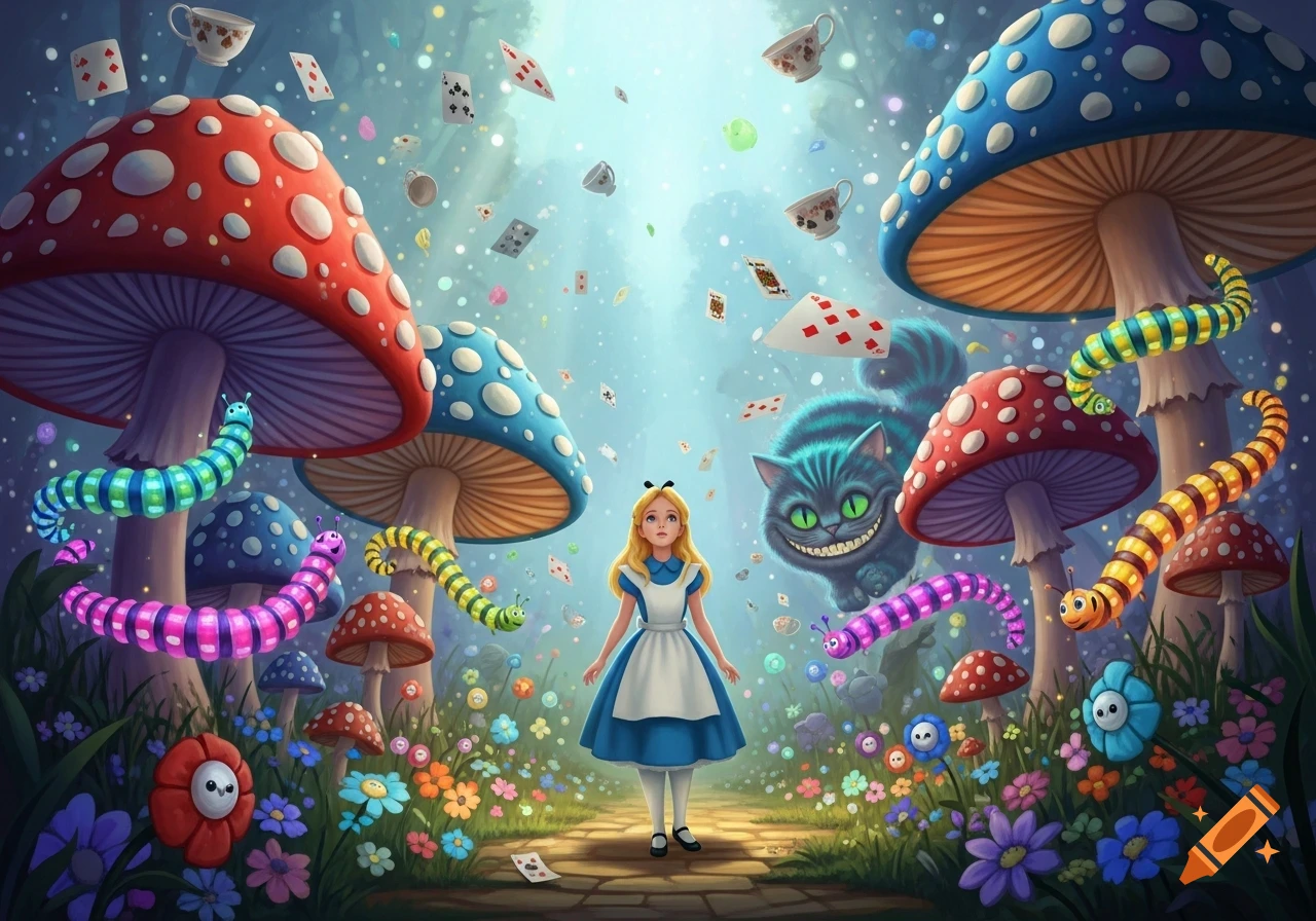 Alice stands in a whimsical wonderland forest with giant mushrooms, glowing caterpillars, a grinning Cheshire Cat, and floating playing cards.
