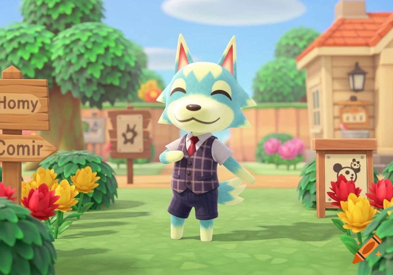 A light blue and yellow wolf villager in a plaid vest and red tie stands in a sunny Animal Crossing village.
